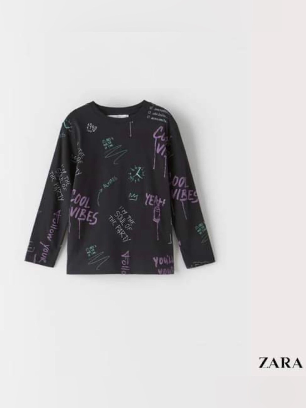 Zara Black Long Sleeve Tee with Purple Graffiti Print Size 6-7 Years